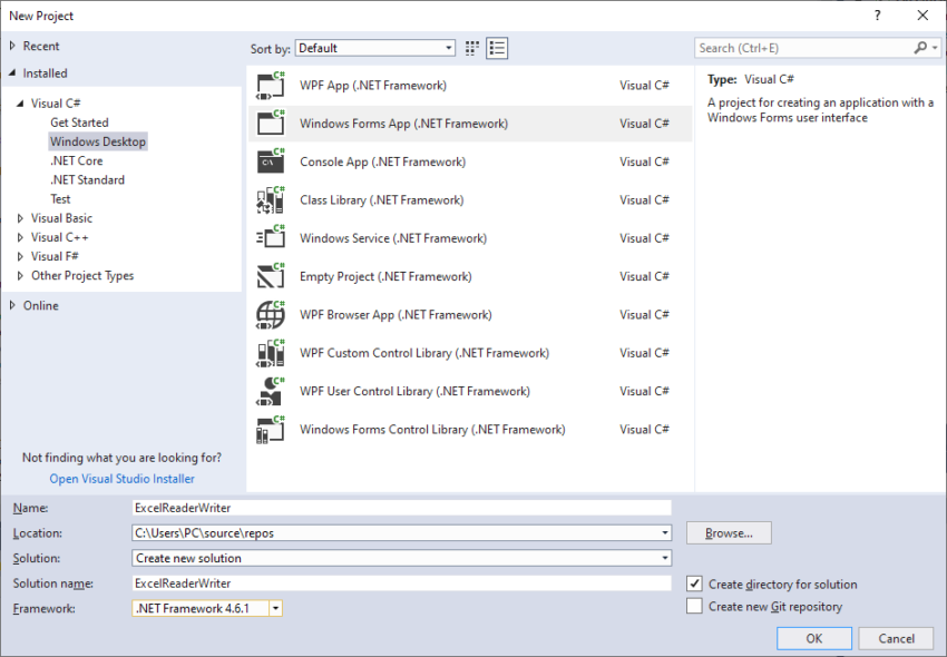 New C# Project in Visual Studio